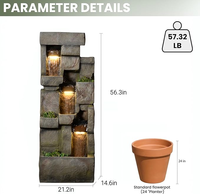Garden Water Fountains Outdoor Floor Standing, 3 Tier Rock Waterfall Fountain with LED Lights and Pump for Garden, Patio, Backyard, Deck, Porch and Home Art Deco, 56.3" Very Tall