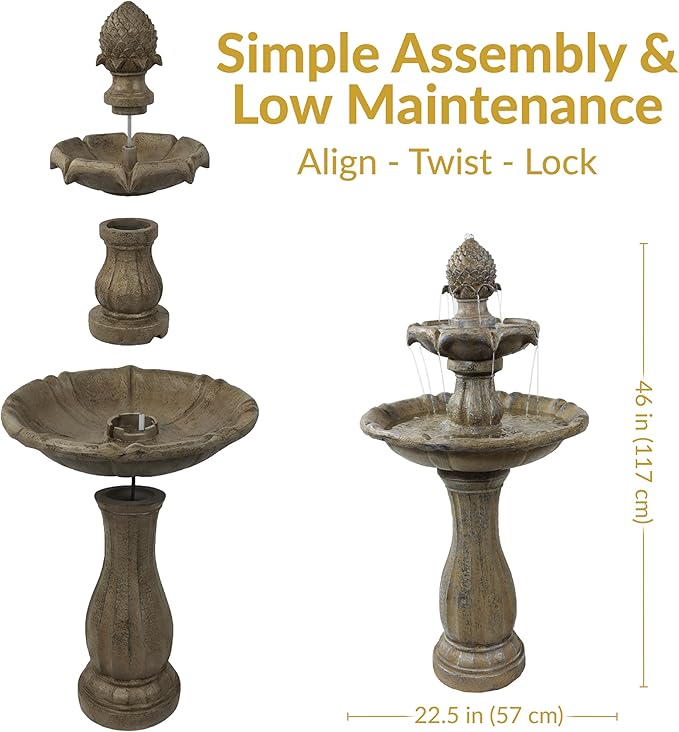 Sunnydaze Pineapple 46-Inch 2-Tier Outdoor Solar Fountain - Decorative Water Fountain with Pump for Garden, Patio, Yard or Balcony - Earth Finish