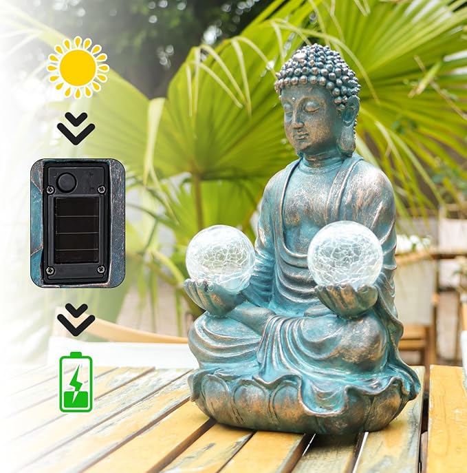 Afirst Meditating Buddha Garden Statues Solar Buddha Sculpture Decor with Glass Balls Zen Meditation for Home Garden Yard Patio Indoor Outdoor Ornaments Gifts for Mom, 10.5''