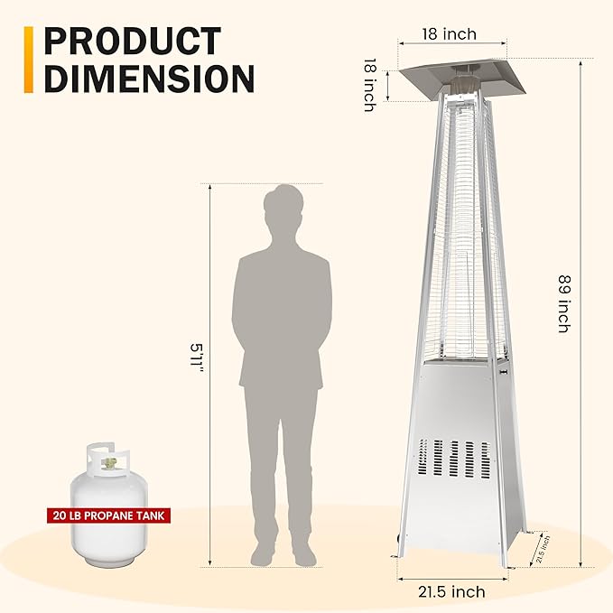 Sundale Pyramid Patio Heater, 48,000 BTU Propane Outdoor Heater with Wheels and Tip-Over Protection, Thickened Glass Tube Patio Heaters for Outdoor Use, Commercial & Residential (Sliver)