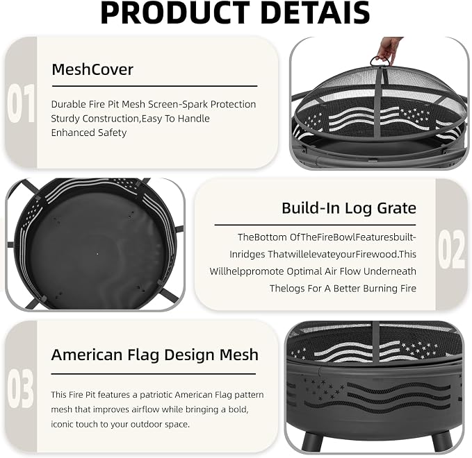 Breezz 32 Inch American Flag Fire Pit with Mesh Cover & Poker, Round Metal Wood Burning Outdoor Firepit for Patio, Garden, Backyard, Bonfire, Ideal for 4th of July, Memorial Day, Christmas - Image 3