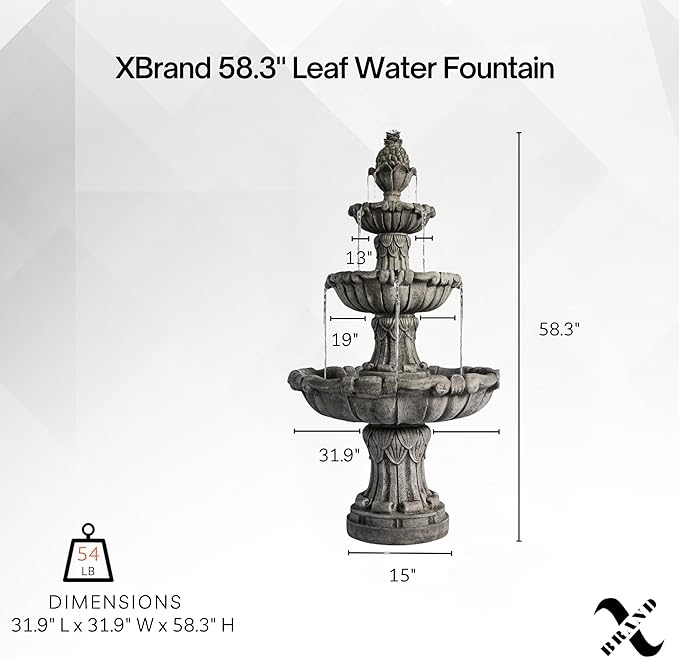 58.3" 3-Tier Outdoor Freestanding Water Fountain - Classic Leaf Design, Large Bird Bath with Pump - Ideal for Yard, Lawn and Garden Décor