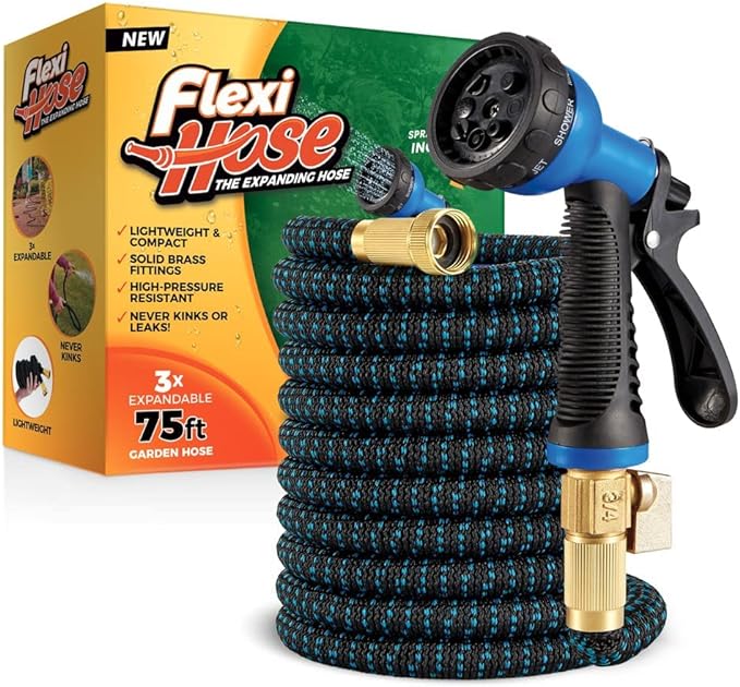 Flexi Hose Expandable Garden Hose with 8 Function Nozzle, 75FT - Lightweight Retractable Garden Hose, Water Hose - No-Kink Flexibility, 3/4 Inch Solid Brass Fittings and Double Latex Core by FlexiHose