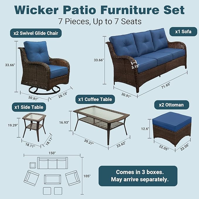 Patio Furniture Set, 7PCS Outdoor Wicker Conversation Set with 6" Thick Cushions, High Back Rattan Sofa & Swivel Rocker Chairs, Weather Resistant Olefin Fabric for Garden, Poolside, Navy Blue