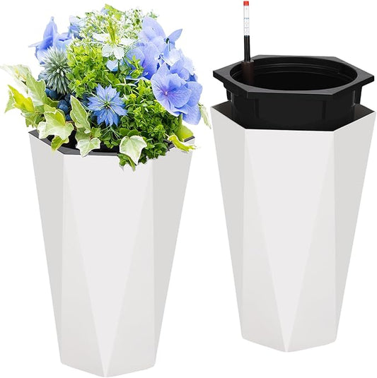 GarveeLife 22.5 in Tall Diamond Planters Set of 2, Self Watering Planters with Water Level Monitor, Flower Pots Outdoor and Indoor for Patio, Porch, Living Room, Home Office, White