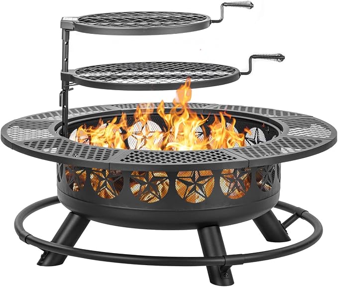 Verdeluxe 42 Inch BBQ Fire Pit with 2 Grills,3-in-1 Outdoor Round Metal Fire Pit Table with Lid,Fire Poker,Large Outdoor Wood Burning Firepits for Outside,Picnic,Bonfire Backyard Patio(Black) by OutdoorFirePit
