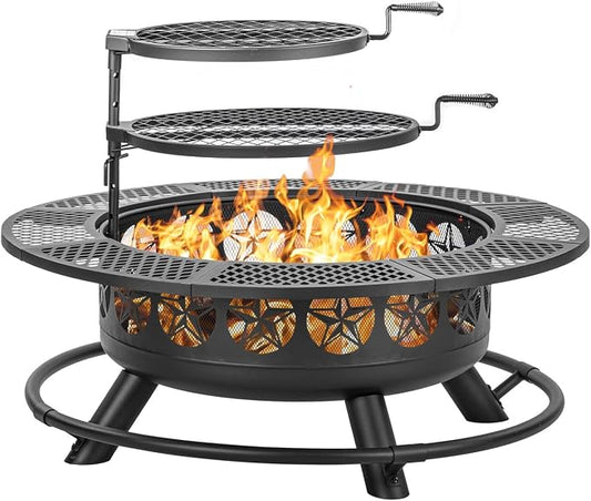 Verdeluxe 42 Inch BBQ Fire Pit with 2 Grills,3-in-1 Outdoor Round Metal Fire Pit Table with Lid,Fire Poker,Large Outdoor Wood Burning Firepits for Outside,Picnic,Bonfire Backyard Patio(Black) by OutdoorFirePit