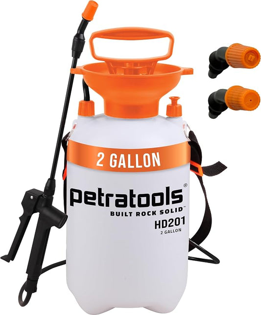 Petratools 2 Gallon Pump Sprayer - HD201 Garden Sprayer for Weeds, Lawn Care & Pesticides - 52" Long Hose, 2 Nozzles & Easy Carry Handle - Durable & Lightweight by Petra