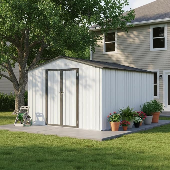Ball & Cast 10x12 FT Sheds & Outdoor Storage,Metal Aluminum Garden Shed,with Punched Vents,Waterproof Cabinet w/Hinged Door and Padlock,Tool House for Storing Bicycles,Lawnmowers,Barbeques,White+Grey by BallCast