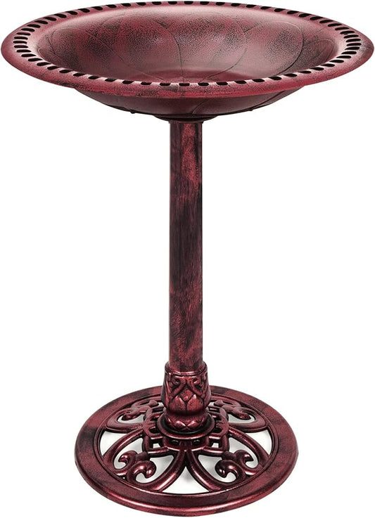Best Choice Products 28in Pedestal Bird Bath, Vintage Outdoor Resin Accent Decoration w/Fleur-de-Lis Accents - Cherry Red