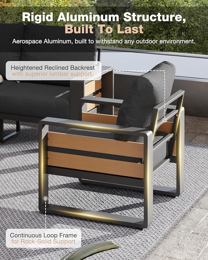 Aoxun Aluminum Patio Furniture Set, 2 Piece Luxury Outdoor Sectional with 6" Olefin Fabric Cushions, Patio Conversation Sets with Coffee Table Outdoor Sofas for Backyard, Porch Dark Grey