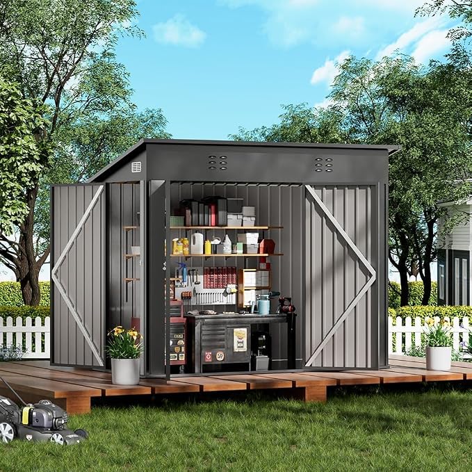 COMHOMA Shed Outdoor Storage Shed Metal,Lockable Doors Tool Sheds with Sloping Roof,Steel Garden Shed with Air Vent for Backyard,Patio,Lawn,Poolside(Grey,8'*4') by ComHoma