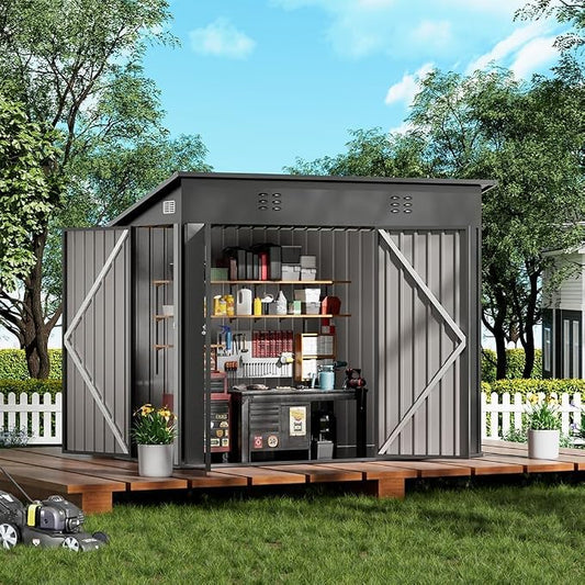 COMHOMA Shed Outdoor Storage Shed Metal,Lockable Doors Tool Sheds with Sloping Roof,Steel Garden Shed with Air Vent for Backyard,Patio,Lawn,Poolside(Grey,8'*4') by ComHoma