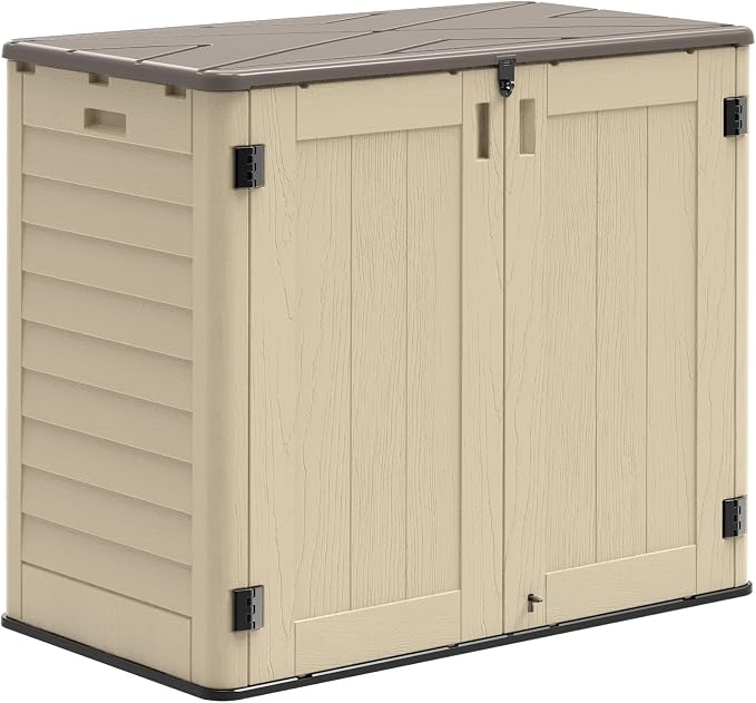Outdoor Storage Shed, 30 Cu Ft Waterproof Horizontal Resin Storage Cabinet, Weather-Resistant Garden Shed Trash Can Storage with Pad-Lockable Doors for Backyards (Khaki) by IWDOO