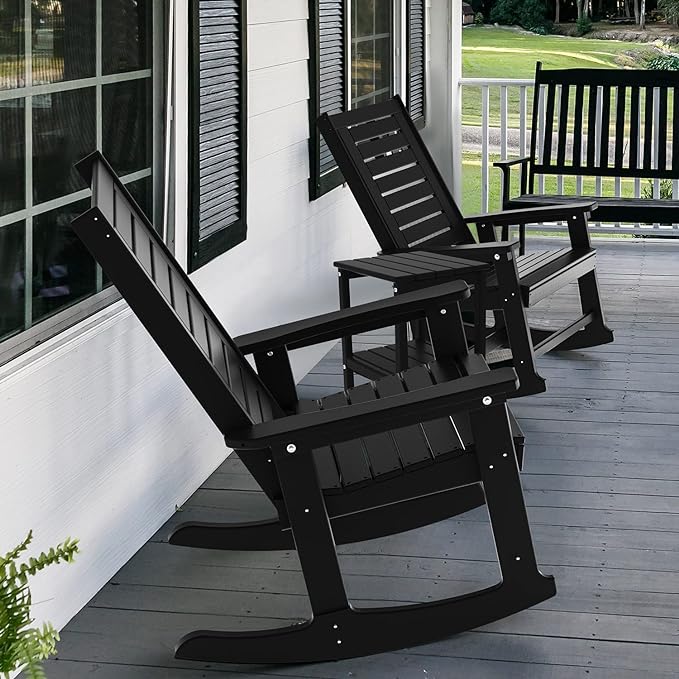 GREENVINES Outdoor Rocking Chairs | Set of 4 | Porch Rocker | HDPE Plastic | Black | Oversized Rockers | High Back | Big & Tall | Ladder Back | for Patio Outside Backyard Balcony Garden - Image 5