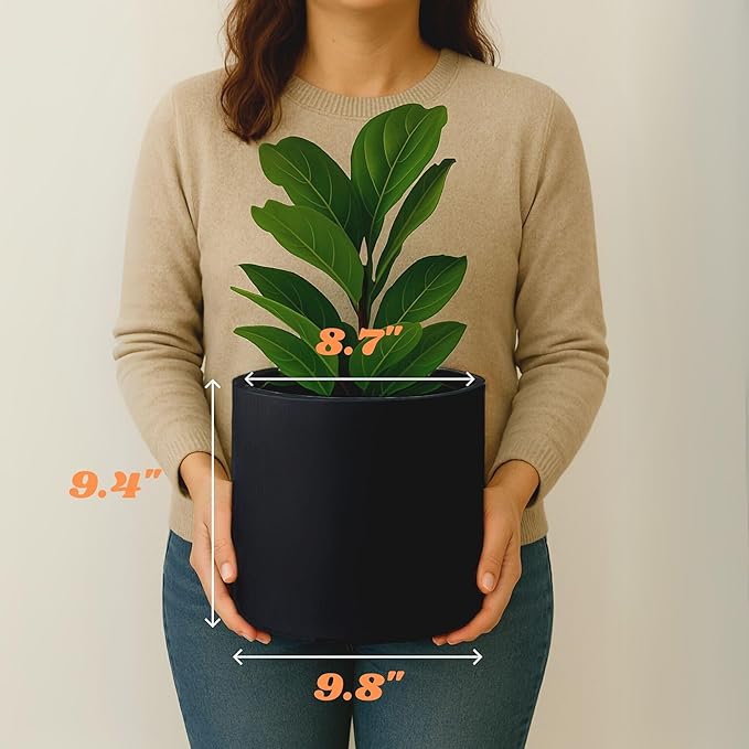 Fox & Fern 10 Inch Black Plant Pot with Drainage Plug — Premium Lightweight Fiberstone Matte Black Planter, 10 Inch Pots for Plants, for Indoor & Outdoor Use, Weather Resistant & UV Resistant
