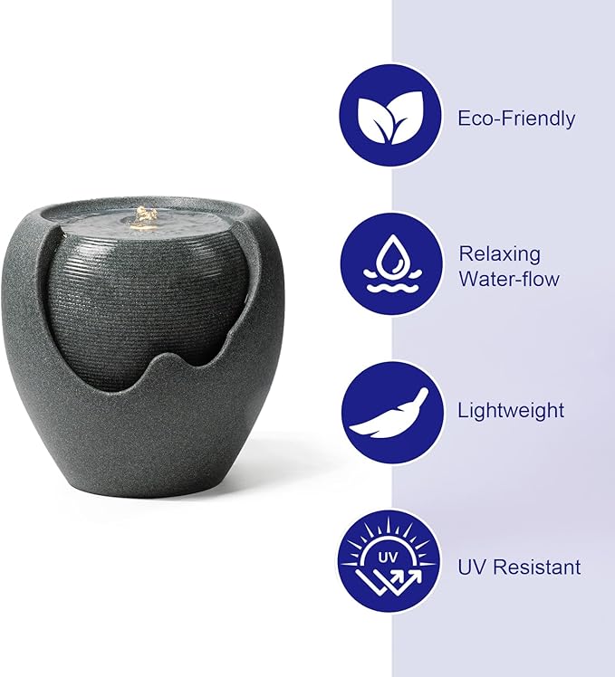 16.93” H Outdoor Water Fountain Made with Eco-Friendly Recyclable Materials, Polyethylene Round Bubbler Water Fountain Outdoor, Garden Decor with LED Light for Patio, Porch, Backyard (16.93")