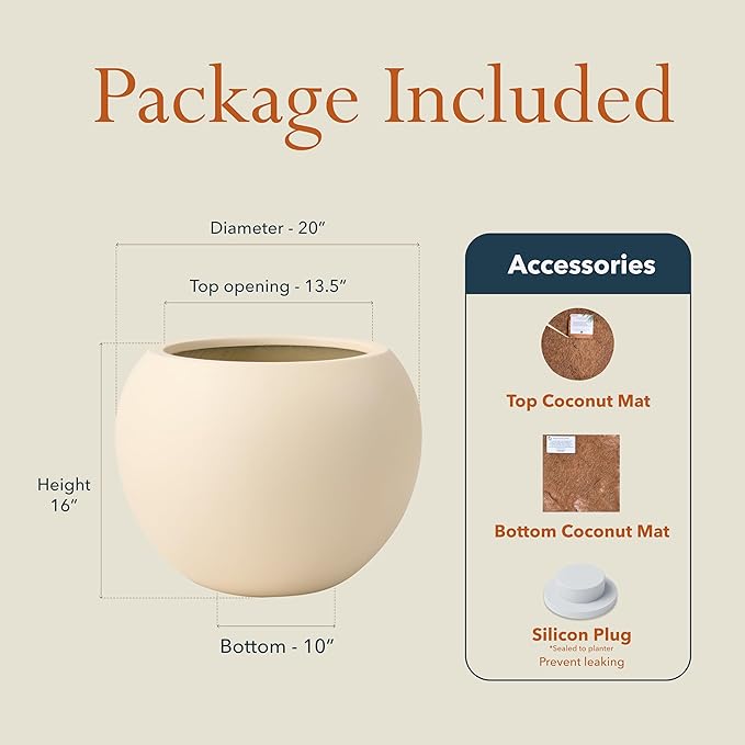 16" H x 20" D Premium Globo Fiberstone Round Planter with Drainage Hole, Weather Resistant for Indoor and Outdoor Use, Included 2 Extra Coco Mats (Kilim Beige, 13.5" Pot Opening)