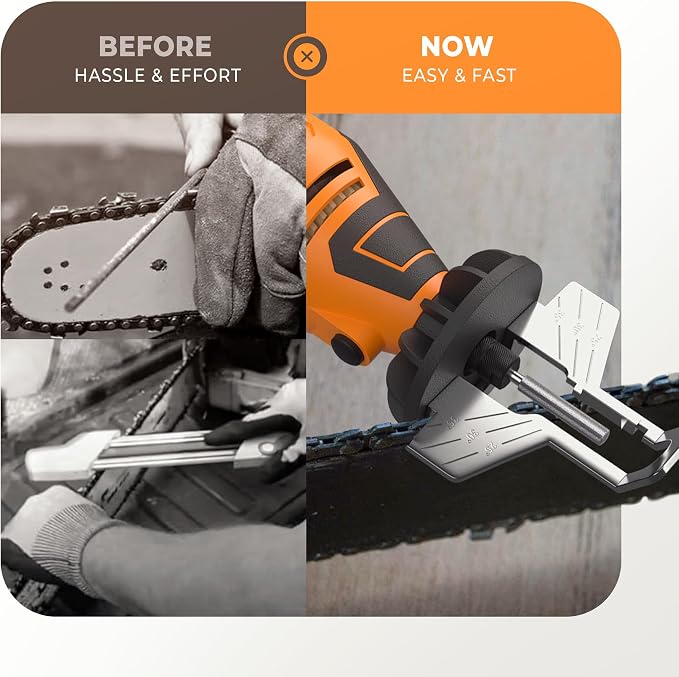 Sharp Pebble Electric Chainsaw Sharpener Kit - Comes with Chain Saw Sharpener Tool, 4 File Size Sharpening Wheel Bits, Angle Attachment, Wrench & eBook - Image 5