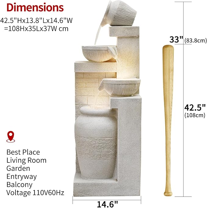 42.52" Outdoor Garden Water Fountain with Lights 4 Tiers Cascading Large Waterfall Floor Standing Fountain for Patio, Backyard, Deck, Porch and Home Art Decor