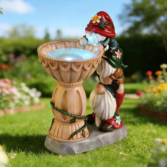 Garden Gnomes Outdoor Gnomes Garden Decorations for Yard Colorful Lights Resin Solar Outdoor Statues with Bird Bath Feeder Funny Outside Lawn Patio Housewarming Gifts 6.25 * 4.25 * 9.25 in