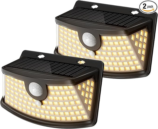 Aootek New Solar Motion Sensor Lights 120 LEDs with Lights Reflector,270?? Wide Angle, IP65 Waterproof, Step Lights for Front Door, Yard, Garage, Deck (Black, Warm White, 2-Pack)