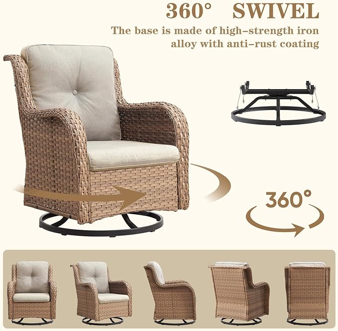 Wicker Patio Furniture Set: 13 Piece Outdoor Conversation Sets with 4 Swivel Rocker Chairs, 2 Patio Couch, Rattan Ottomans, 4 Side Table and Coffee Table for Deck Garden, Yellow/Beige
