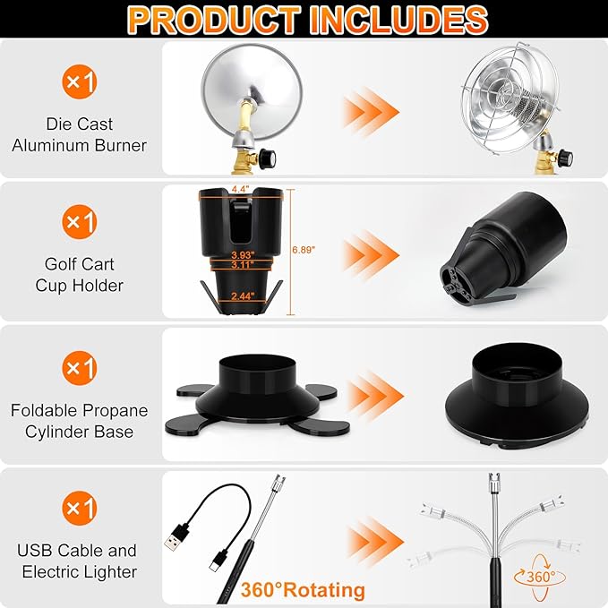 Golf Cart Heater, Portable Propane Heater with Foldable Base, Golf Cart Accessories, Safe 2-in-1 Outdoor Patio Heaters with Golf Cart Cup Holder, Gas Tank Cordless Heaters for Tent Camping Fishing