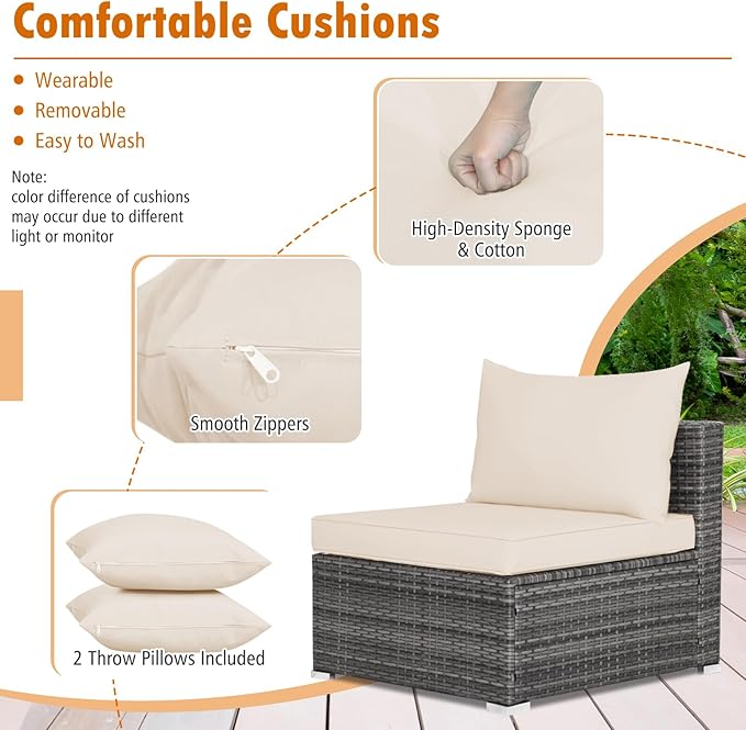 Tangkula 7 Piece Patio Wicker Furniture Set, Outdoor Rattan Sectional Sofa Set for 6 with Seat & Back Cushions, 2 Throw Pillows, Sofa Fastener Clips, for Backyard, Poolside, Deck and Garden (Beige)