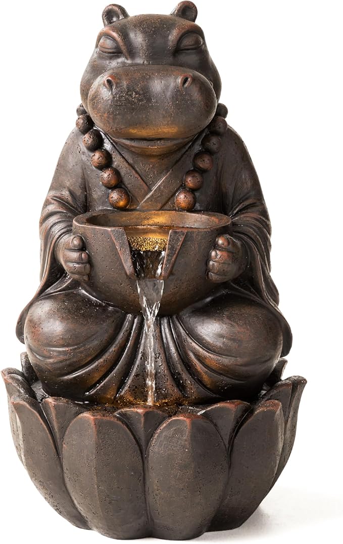 Glitzhome Water Fountain Outdoor, Outdoor Fountain with Lights, Zen-Style Water Fountain with Pump, 22" H 2-Tiered Bronze Hippo Polyresin Water Feature for Home Patio Garden Backyard Decor