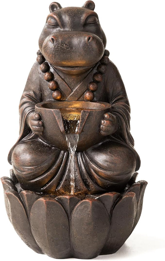 Glitzhome Water Fountain Outdoor, Outdoor Fountain with Lights, Zen-Style Water Fountain with Pump, 22" H 2-Tiered Bronze Hippo Polyresin Water Feature for Home Patio Garden Backyard Decor