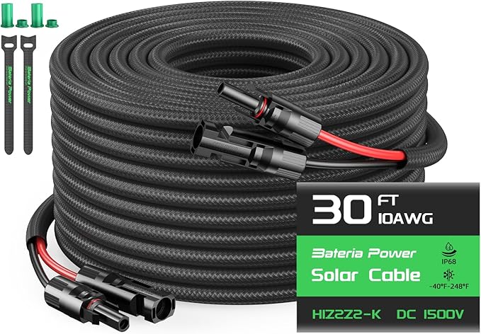 Bateria Power 10AWG 30FT Solar Panel Extension Cable, Flame Retardant Protective Sleeving Twin Wire 10 Gauge Solar Cable with IP68 Female & Male Waterproof Connectors, Dust Caps for Home, RV by BateriaPower