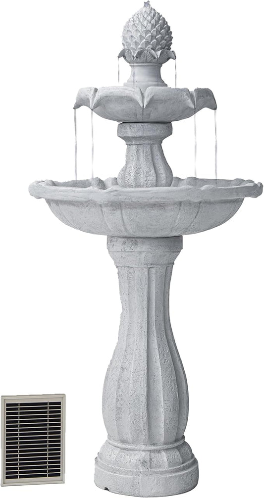 XBrand 44" Tall White Fiberglass/Resin 2-Tiered Solar Water Fountain w/Solar Panel and Auto-Shut Off Pump for Home Garden Yard Decor