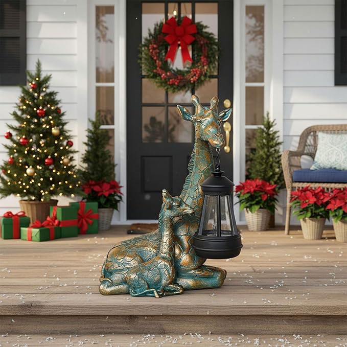 Solar Garden Decor - Mother Baby Giraffe Statue with Solar Lantern 9.7" Resin Giraffe Figurine Outdoor Patio Yard Porch Decor Gifts for Mom Grandma Women Gardeners