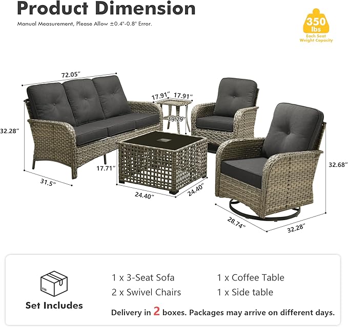 HOOOWOOO Outdoor Patio Furniture Set with Light Table,5 Pieces Wicker Conversation Set,All Weather High Back Couch Sofa Swivel Chairs Set,Black