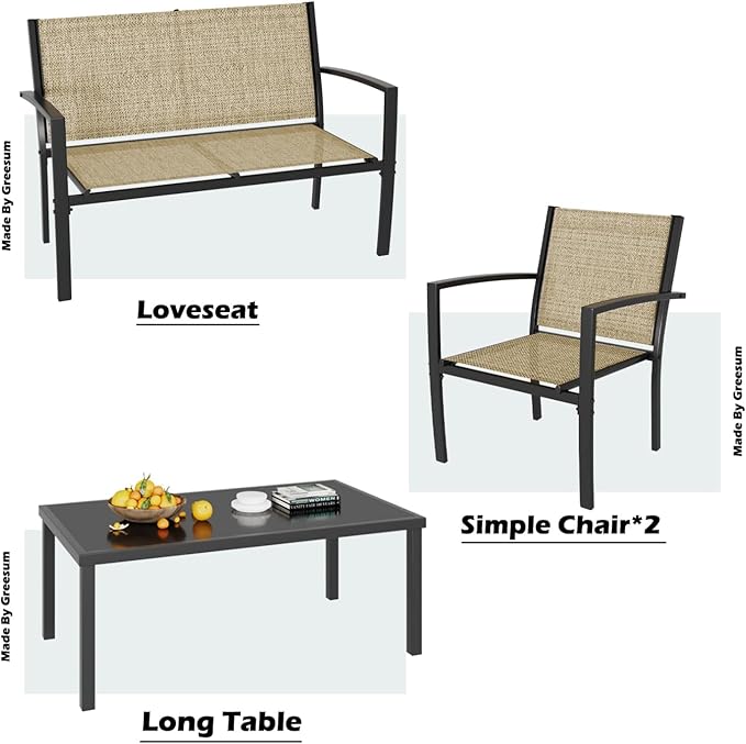 Greesum 4 Pieces Patio Furniture Set, Outdoor Conversation Sets for Patio, Lawn, Garden, Poolside with A Glass Coffee Table, Beige