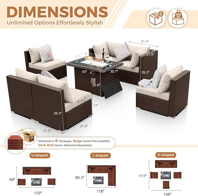 BULEXYARD 7-Piece Outdoor Patio Furniture Set with Propane/Natural Gas Fire Pit Table, Comfortable High-Back Sectional Couch Sofa, All-Weather Heavy Duty Backyard Seating, Brown Rattan & Red Cushion