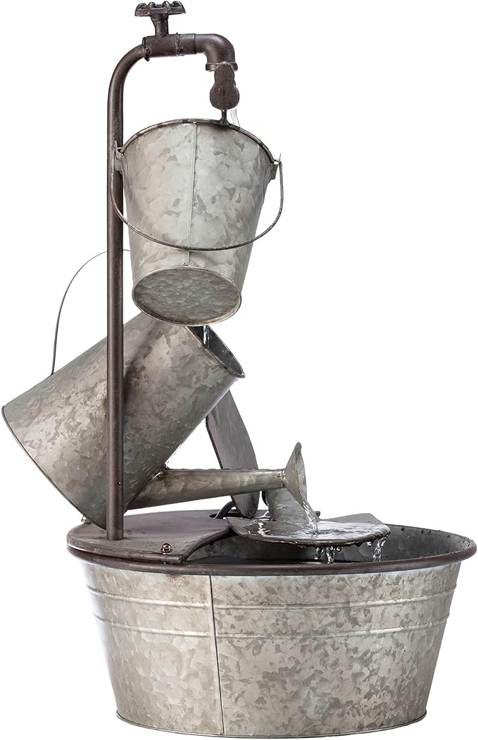 Alpine Corporation YHL106 Outdoor Floor 3-Tiered Metal Garden Tools Water Fountain, Tools and Faucet Waterfall, 28", Gray