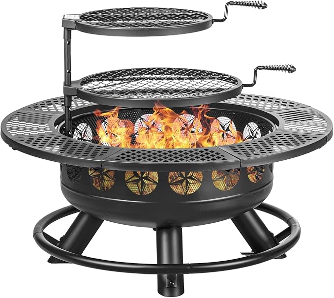 36 Inch Fire Pit with 2 Cooking Grills,Outdoor Wood Burning BBQ Firepit with Lid, 3-in-1 Outdoor Fire Pit for Backyard Deck Bonfire Patio Picnic(Black) by OutdoorFirePit
