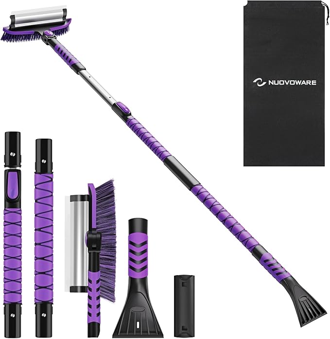 Nuovoware 60" Ice Scraper and Extendable Snow Brush for Car Windshield, 5 in 1 Adjustable Snow Removal Tools with 270° Pivoting Brush Head for Car Auto Truck SUV, Purple by NUOVOWARE