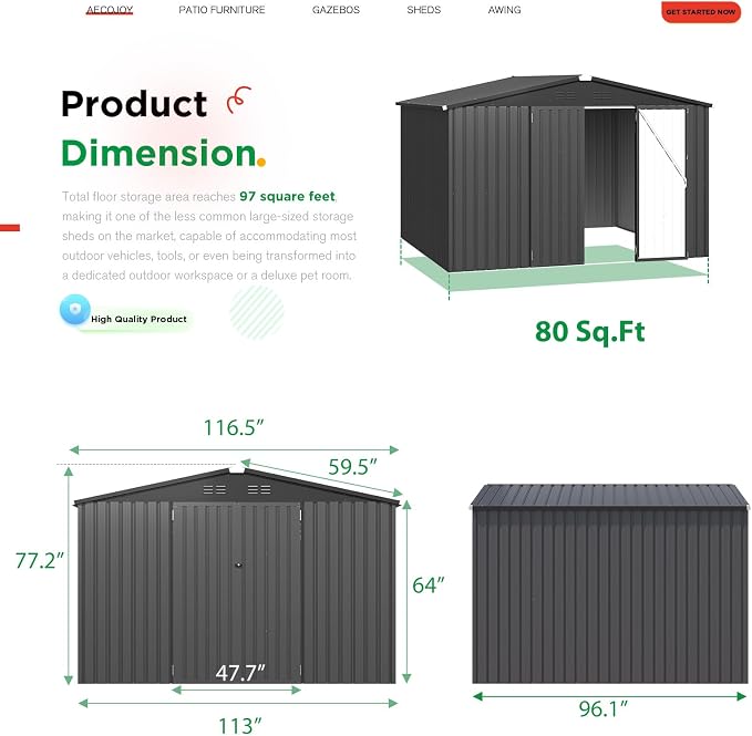 AECOJOY 8' x 10' Outdoor Storage Metal Shed, Dark Grey Steel Yard Shed & Outdoor Storage Clearance with Design of Lockable Doors, Utility and Tool Storage for Garden, Backyard, Patio, Outside use - Image 3