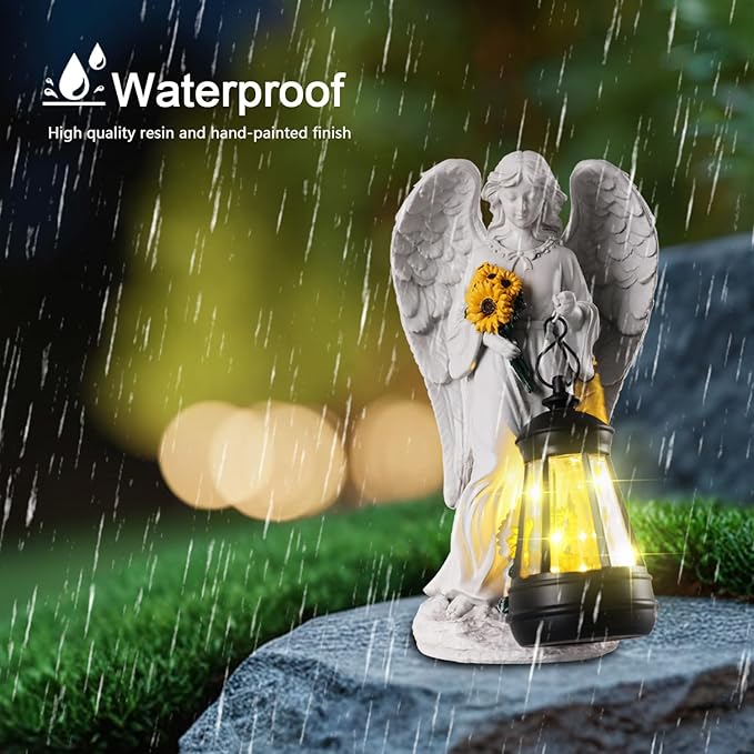 Sympathy Gifts for Loss of Loved One- 8.8" Resin Angel Figurines Holding Sunflowers Waterproof Angel Decor Cemetery Decorations for Grave-Grave Decorations for Cemetery