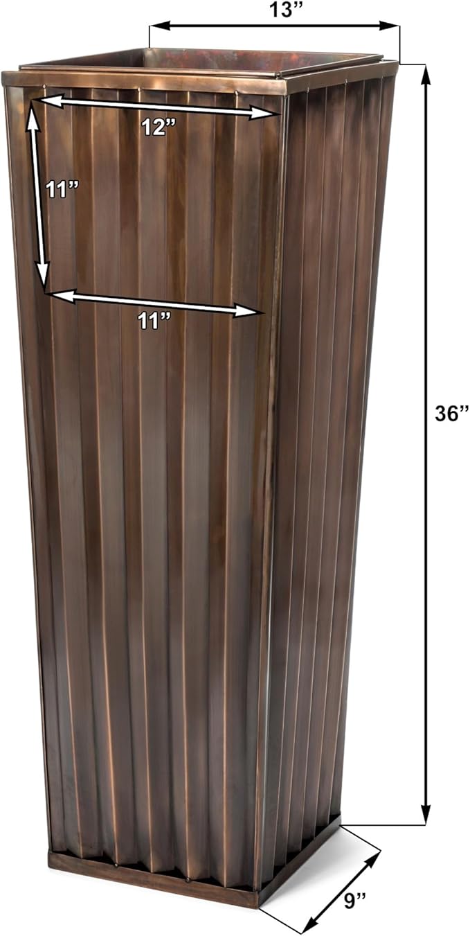 H Potter Tall Ribbed Copper Planters Set of 2 Indoor Outdoor – Antique Copper Stainless Steel Floor Planters with Inserts & Drainage – Large Decorative Entryway Patio Porch Planter Set