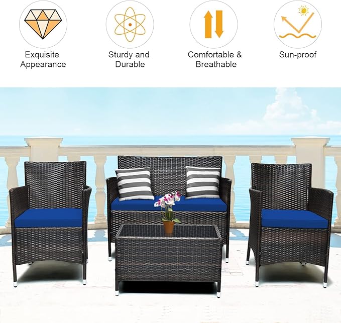 8 Pieces Patio Sofa Set, Wicker Conversation Set with Ergonomic Curved Backrest, Water-Resistant Cushion & Tempered Glass Table for Balcony, Porch (Navy Blue)