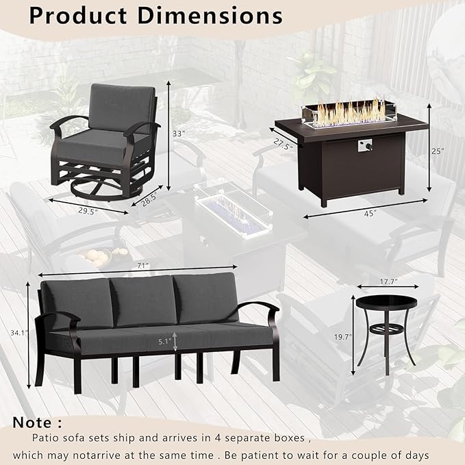 Patio Furniture Set 5-Piece Aluminum Armrest Sofa, Modern Outdoor Living Room Set with 55000 BTU Propane Aluminum Fireplace, Outdoor Rotary Joystick with Thick Cushion