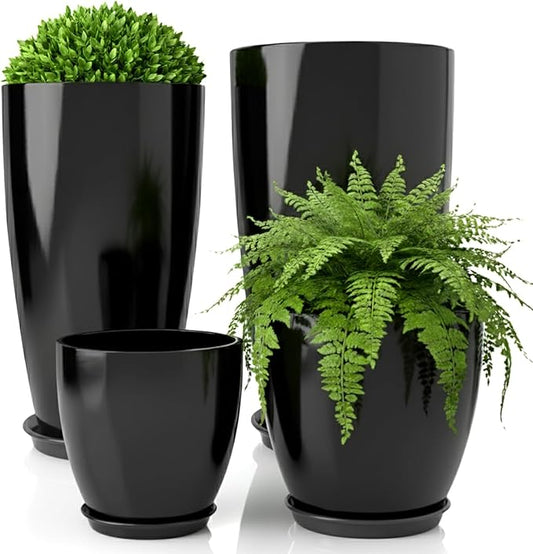 ZMTECH 24/21/12/10" H Large Plastic Planters with Drainage Hole and Saucer -Set of 4 Tall Plant Pots for Indoor & Outdoor Use,Black Glossy Smooth Lightweight Flower Pot for Front Porch Patio Deck