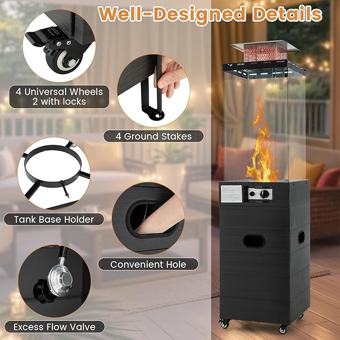 COSTWAY Outdoor Heater, 40,000 BTU Square Patio Propane Heater with Tempered Glass Tube, Protective Cover, Lockable Wheels, CSA Certified, Perfect for Porch Backyard Balcony Poolside, Black