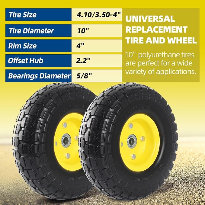 (2-Pack) 10-Inch Solid Tire Wheels - Replacement 4.10/3.50-4" Flat Free Tires and Wheels with 5/8" Axle Bore Hole Bearings, 2.17" Offset Hub -Perfect for Hand Truck, Wheelbarrow, Gorilla Carts - Image 2