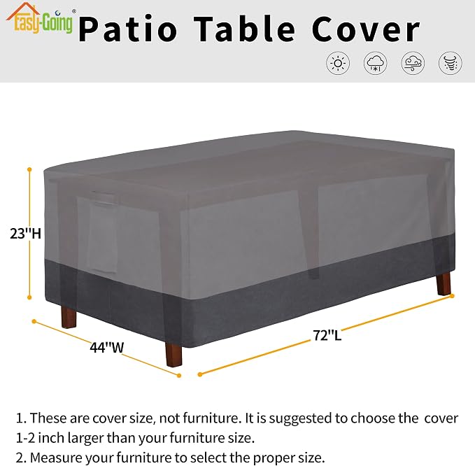 Easy-Going 600D Heavy Duty Rectangular Table Cover UV Resistant and Waterproof Outdoor Lawn Patio Furniture Cover (72" Lx44 Wx23 H, Gray/Dark Gray) - Image 2