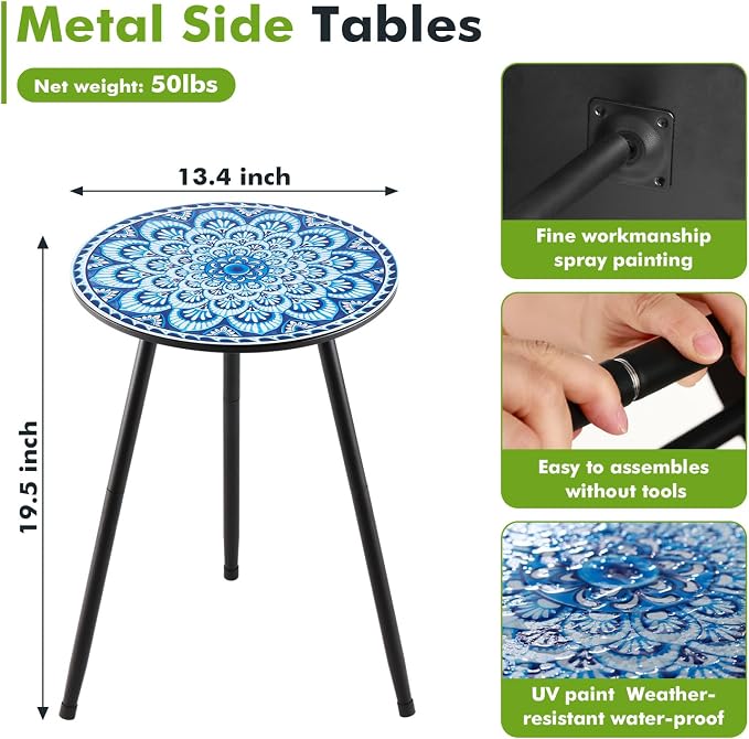 1 Pack Metal Mosaic Round Side Tables 13.4" Small Outdoor Patio Round Accent Coffee Tables Indoor Corner Stand for Small Spaces Weather-Resistant for Balcony, Porch Plant Stands Indoor, Light Blue - Image 3